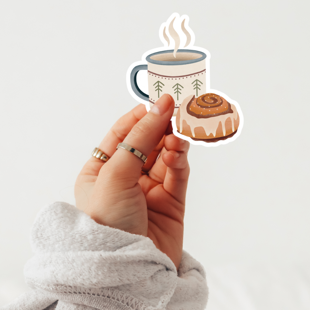 Cinnamon Bun & Coffee Cup - Waterproof Vinyl Sticker