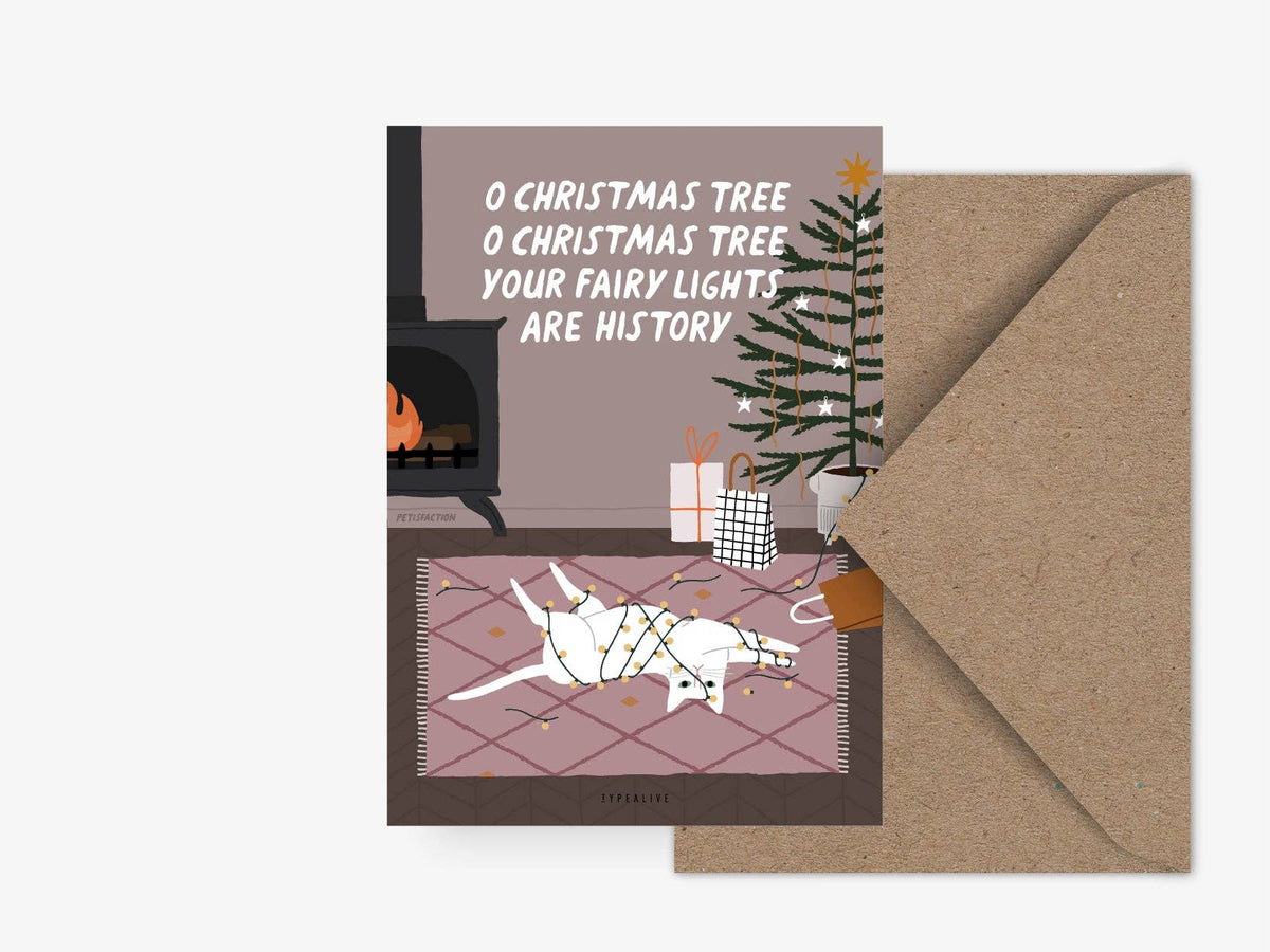 Cat & Christmas Lights Postcard – Funny Christmas Greeting