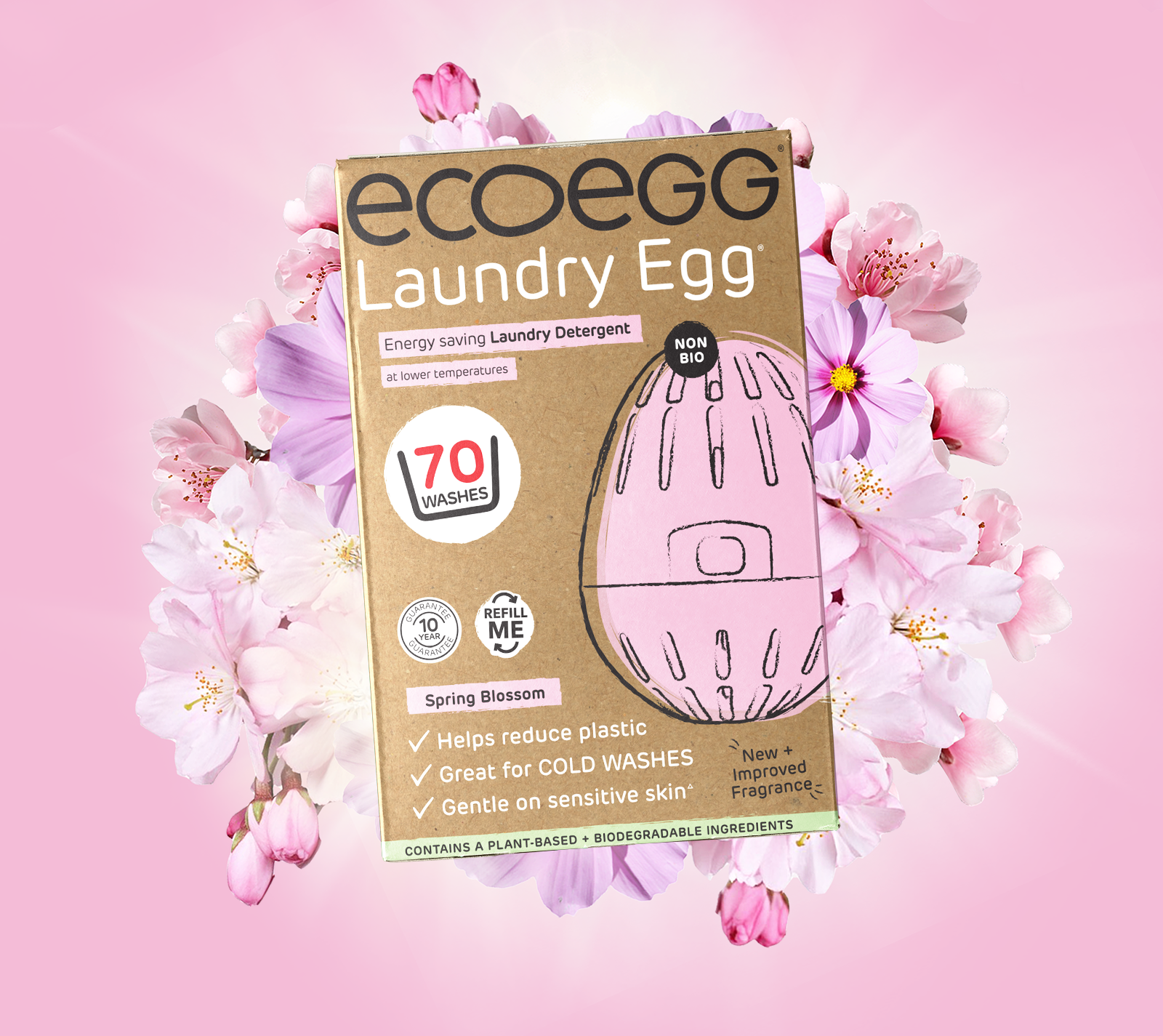 EkoEgg-pyykinpesuainesetti, jossa on vaaleanpunainen muna ja kukka-asetelma.
