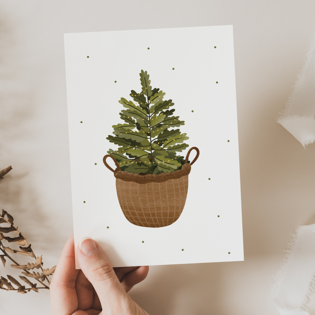Christmas Tree in a Basket Postcard – A Timeless Christmas Greeting